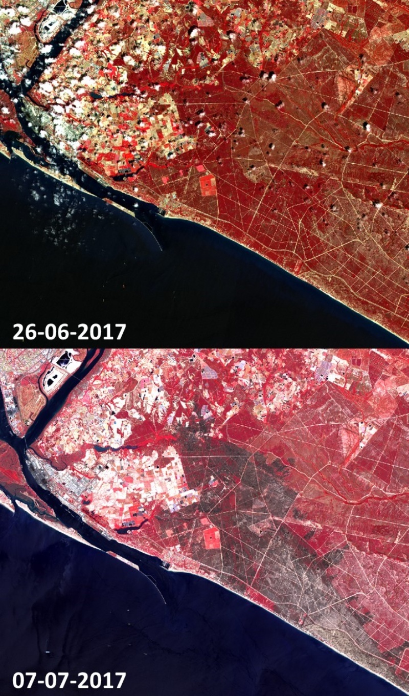 Imágenes Sentinel-2 antes y después del incendio forestal en Moguer-Doñana