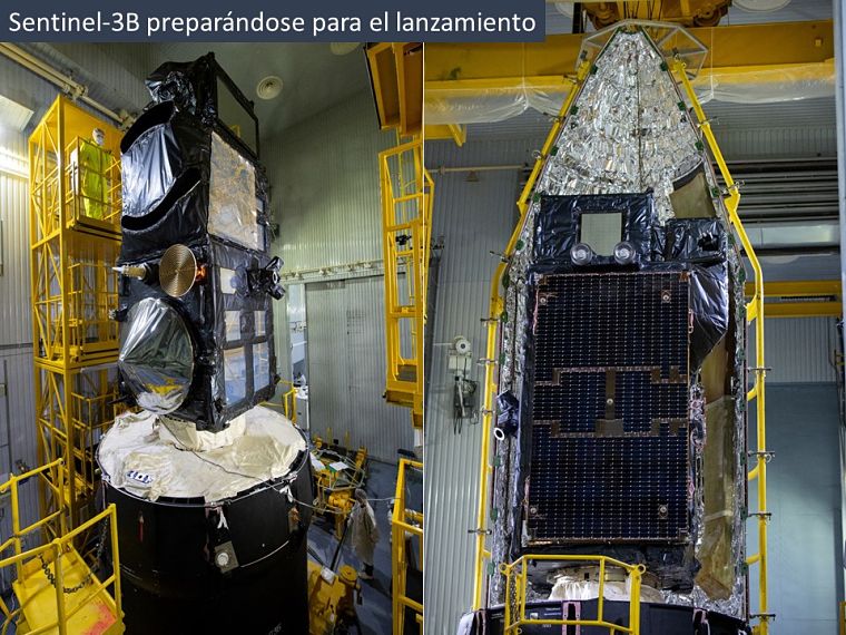 Sentinel-3B fuera y dentro de la cofia (ESA)