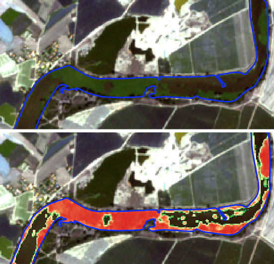 Imagen Sentinel-2 del camalote en color verdadero (arriba) y el índice NDVI (abajo)