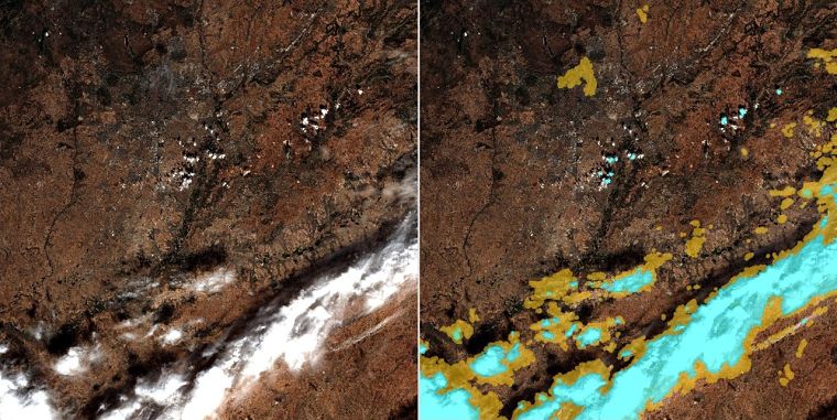 Imagen RGB de S-2 a la izquierda y con la máscara de nubes generada con el L1c a la derecha