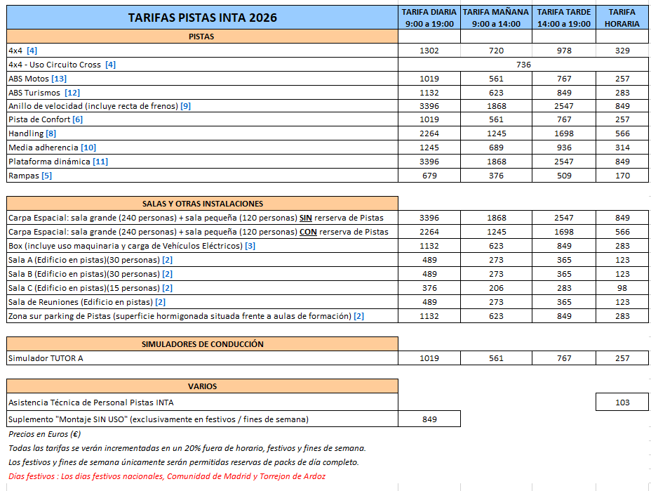 Tarifas Generales Pistas 2026 
