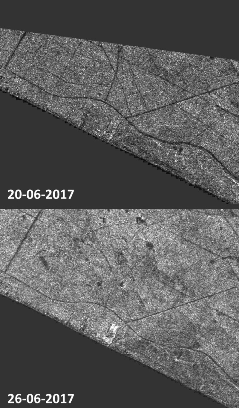 imágenes Sentinel-1 antes y después del incendio forestal en Moguer-Doñana